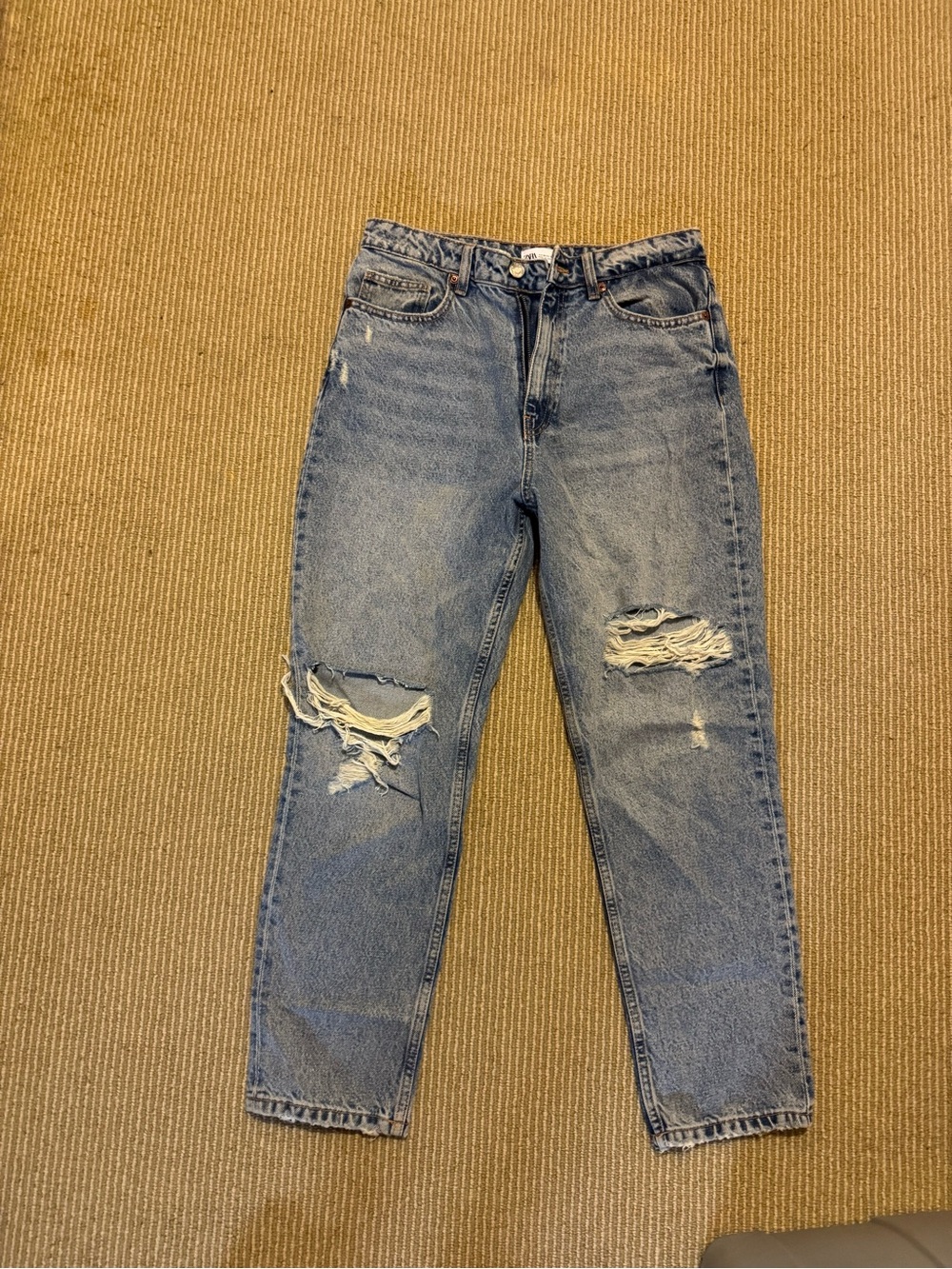 Zara High-Waist Distressed Mom Jeans - Light Blue